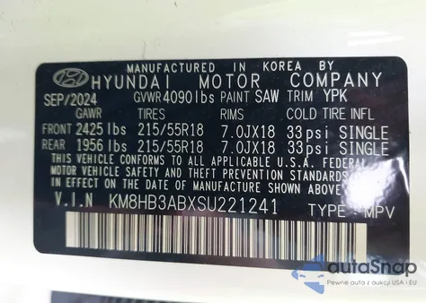 2025 Hyundai Kona Sel z USA, uszkodzony, nr VIN KM8HB3ABXSU221241